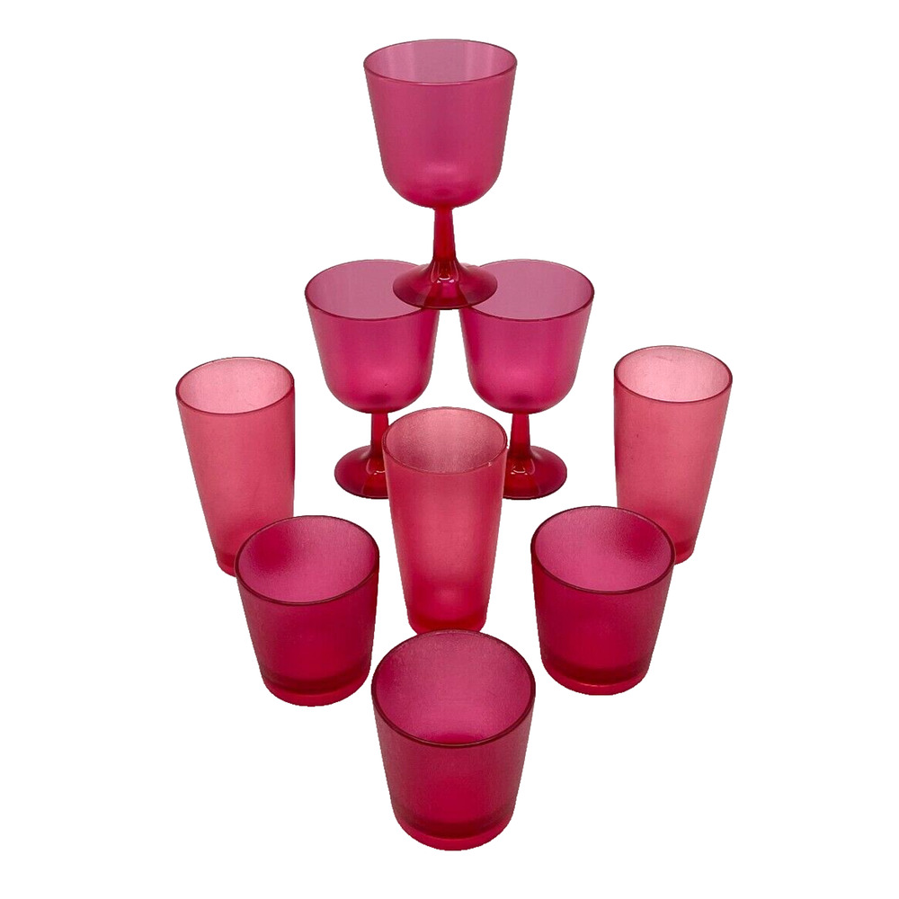 Lot of 9 VTG Pink Plastic Tumbler, Wine Goblet, Water Cups Textured Beverageware